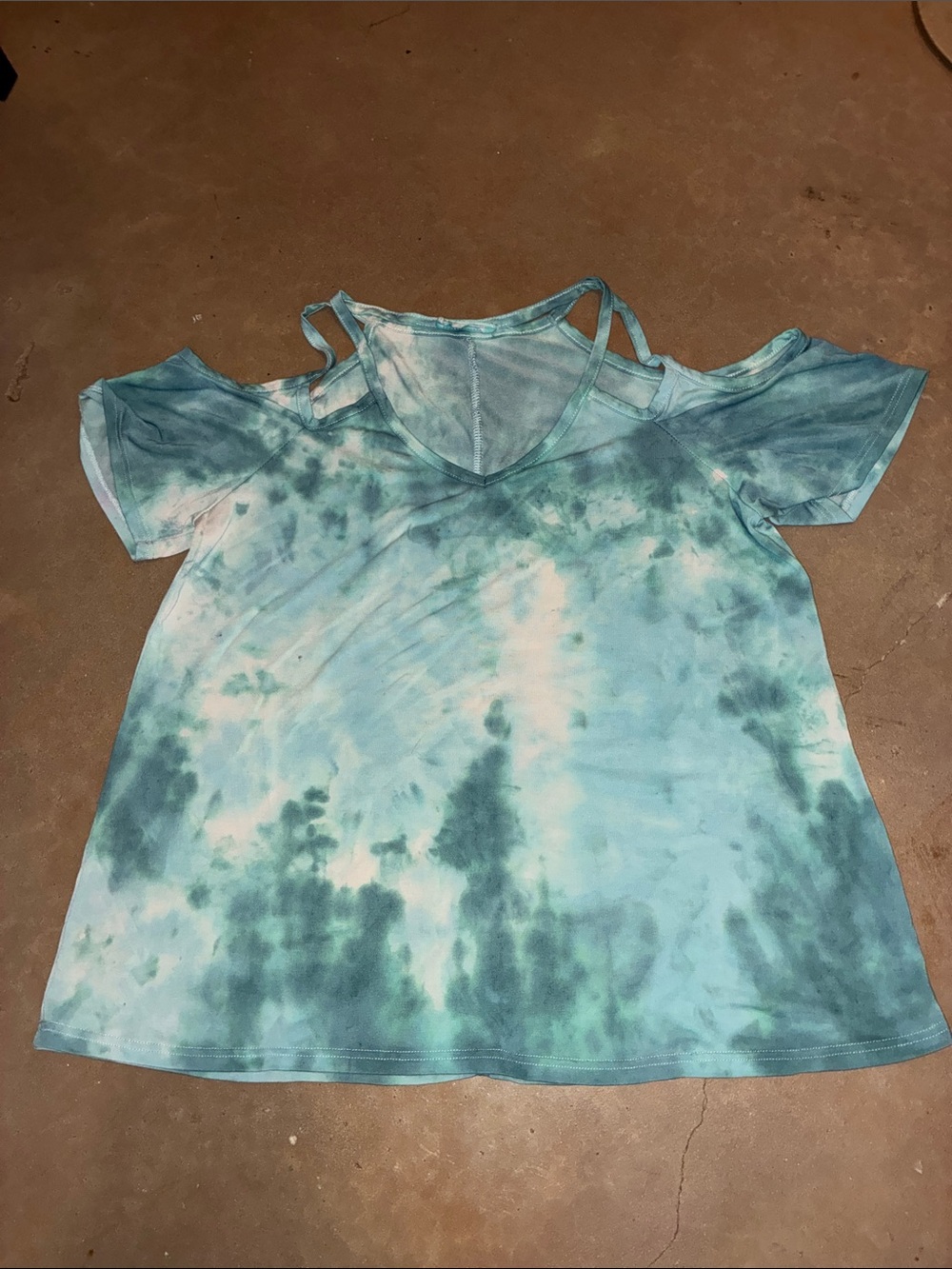Cream & teal tie dye Cold-Shoulder Strappy V-Neck Tank